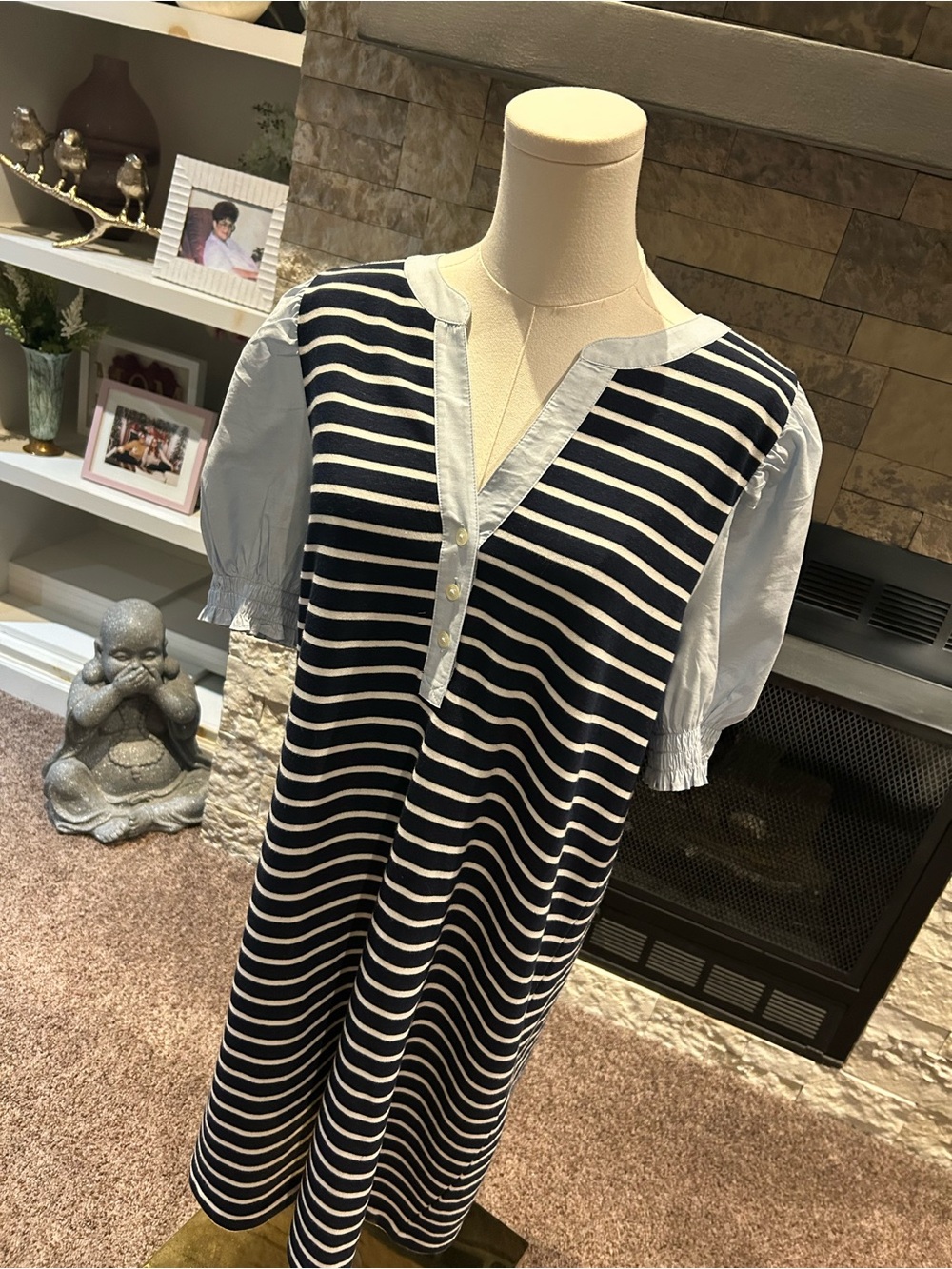 Striped Navy & White Shift Dress with Light Blue Trim - Picture 2 of 6